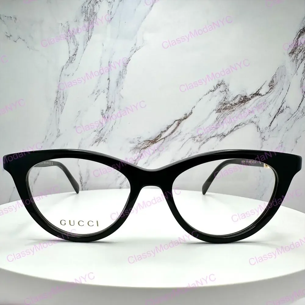 New GUCCI Eyeglasses Black 50mm Acetate Cat Eye Gold Cut Out Metal Logo Rx-able